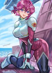  1girl absurdres ahoge blush bodysuit breasts commentary dated gundam gundam_seed gundam_seed_destiny highres lunamaria_hawke mecha_pilot_suit military normal_suit_(gundam) okrdisk2000 open_mouth purple_eyes red_bodysuit red_hair short_hair smile solo teeth upper_teeth_only 