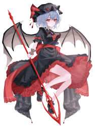  1girl absurdres alternate_color alternate_headwear_color ascot bat_wings black_hat black_shirt black_shoes black_skirt blue_hair brooch closed_mouth collared_shirt commentary frilled_shirt_collar frilled_skirt frills full_body hat hat_ribbon highres holding holding_polearm holding_weapon jewelry looking_at_viewer mob_cap polearm purple_brooch red_ascot red_eyes red_ribbon remilia_scarlet remilia_scarlet_(tiny_devil_mistress) ribbon shirt shoes short_sleeves simple_background skirt smile solo spear_the_gungnir tomura_amane touhou touhou_lostword weapon white_background wings wrist_cuffs 