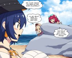  3girls ;d absurdres alice_thymefield alice_thymefield_(sea_of_thyme) animal_ears beach belle_(summer_skies)_(zenless_zone_zero) belle_(zenless_zone_zero) black_hat blonde_hair blue_hair eyewear_on_head hat heart heart-shaped_eyewear heterochromia highres hinghoi implied_futanari implied_sex multiple_girls ocean one_eye_closed open_mouth red_eyes red_hair rock short_hair smile speech_bubble sunglasses ukinami_yuzuha ukinami_yuzuha_(tanuki_in_broad_daylight) volleyball yellow_eyes zenless_zone_zero 