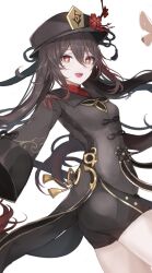 1girl arane_(lolitwin) ass black_headwear black_shorts brown_hair genshin_impact highres hu_tao_(genshin_impact) looking_at_viewer red_eyes shorts simple_background smile solo star-shaped_pupils star_(symbol) symbol-shaped_pupils tailcoat twintails white_background rating:General score:12 user:danbooru