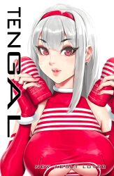  1girl blush breasts clothing_cutout earrings elbow_gloves eu03 fingerless_gloves gloves hairband jewelry long_hair nail_polish red_eyes red_gloves red_hairband red_nails red_shirt sex_toy shirt sleeveless solo tenga underboob underboob_cutout white_hair 
