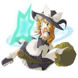  1girl :d apron back_bow black_hat black_skirt black_socks black_vest blonde_hair bow braid breasts broom broom_riding commentary_request frilled_apron frills from_side full_body green_eyes hair_bow hat hat_bow hat_ribbon highres kirisame_marisa looking_at_viewer looking_to_the_side magic_circle medium_skirt neki-t open_mouth pointing pointing_at_viewer red_bow ribbon shirt side_braid skirt smile socks solo star_(symbol) touhou transparent_background turtleneck turtleneck_shirt vest waist_apron white_apron white_bow white_ribbon white_shirt white_socks witch_hat 