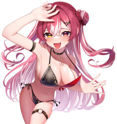  1girl absurdres arm_strap bare_shoulders bikini bikini_pull black_bikini blush breasts clothes_pull collarbone hair_bun hair_ornament hair_scrunchie hairclip highres hololive houshou_marine large_breasts long_hair looking_at_viewer multicolored_hair navel o-ring o-ring_thigh_strap open_mouth pink_hair pulling_own_clothes red_bikini red_eyes red_hair scarf_(50464982) scrunchie simple_background single_side_bun smile solo stomach streaked_hair swimsuit thigh_strap thighs two-tone_hair very_long_hair virtual_youtuber white_background 