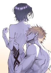  1boy 1girl bare_back bare_shoulders black_hair black_sleeves bleach detached_sleeves facing_away gradient_background hair_between_eyes half-closed_eyes hand_on_another&#039;s_waist highres kuchiki_rukia kurosaki_ichigo long_sleeves looking_at_another looking_back looking_down muscular muscular_male orange_hair parted_lips short_hair silegesi spiked_hair topless_female topless_male white_background white_sleeves yellow_background 