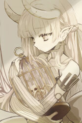  1girl arcaea bare_shoulders birdcage braid bridal_gauntlets cage closed_mouth collar cross cross_earrings dead_animal demon_horns earrings half_up_braid highres holding holding_cage horns jewelry latin_cross lethe_(arcaea) long_hair monochrome natonatofull pointy_ears ribbed_bridal_gauntlets sepia skeleton solo upper_body very_long_hair 
