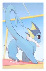  1girl absurdres after_vaginal aftersex animal_sexualization anus black_eyes border commentary cum cum_in_pussy cumdrip english_commentary gen_1_pokemon highres kekitopu nintendo no_humans pokemon pokemon_(creature) solo third-party_source uncensored vaporeon white_border 
