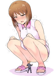  1boy 1girl brown_eyes brown_hair dress feet full_body hagiwara_yukiho half-closed_eyes hetero highres idolmaster idolmaster_(classic) looking_down mini_person miniboy open_mouth p-head_producer producer_(idolmaster) sandals short_hair simple_background sleeveless sleeveless_dress squatting sweat toenails toes tsurui white_background white_dress 