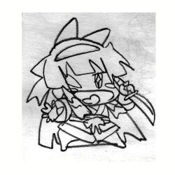 1girl ainu_clothes chibi fingerless_gloves gloves hair_ribbon highres legs long_hair looking_at_viewer monochrome nakoruru open_mouth pantyhose ribbon samurai_spirits sketch smile snk solo the_king_of_fighters thighs tongue traditional_media very_long_hair