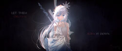  1girl absurdres alternate_costume arms_behind_back bare_shoulders blue_eyes blue_hair blunt_bangs commentary dark_background disembodied_hand dress english_text gawr_gura hand_on_another&#039;s_arm hand_on_another&#039;s_face hand_on_another&#039;s_head highres holding holding_polearm holding_weapon hololive hololive_english kayjae long_hair looking_at_viewer multicolored_hair pendant_choker pleated_dress polearm sidelocks sleeveless sleeveless_dress solo straight-on streaked_hair teardrop tearing_up tiara transparent_hand trident two-tone_hair virtual_youtuber weapon white_dress white_hair wind wind_lift 