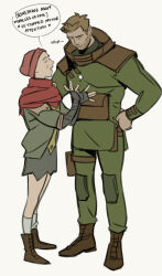  1boy 1girl \||/ ankle_boots ankle_socks artemy_burakh awetfrog bandaged_leg bandages beanie beard belt blonde_facial_hair blonde_hair boots broad_shoulders brown_belt brown_boots buckle clara_(pathologic) closed_eyes closed_mouth collared_jacket elbow_gloves english_text facial_hair fingerless_gloves four-pointed_star full_beard full_body gesture gloves green_jacket green_pants grey_gloves grey_skirt grey_sweater hair_slicked_back hands_on_own_hips hands_up hat height_difference high_collar highres hood hood_down hooded_jacket jacket knee_pads knit_hat lace-up_boots leather leather_belt leather_boots listening long_sleeves looking_down mature_male multicolored_jacket nose open_clothes open_hands open_jacket open_mouth pants pathologic pathologic_2 pouch profile puritan_collar red_hat red_scarf scarf shirt shoes short_hair simple_background skirt sleeve_cuffs socks speech_bubble standing sweater sweater_under_jacket talking thigh_pouch thigh_strap torn_clothes torn_shirt torn_skirt turtleneck turtleneck_sweater two-tone_jacket untucked_shirt very_short_hair white_background white_socks winter_clothes yellow_shirt 