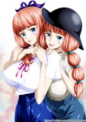 2girls alternate_form blue_eyes blush braid breasts charlotte_chiffon charlotte_lola family hair_ribbon hat highres lipstick long_hair makeup multiple_girls nel-zel_formula one_piece own_hands_together pink_hair ribbon shirt siblings sisters smile twin_braids twins white_shirt 