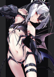 1girl alternate_costume belt black_hair black_horns black_panties black_sleeves black_wings blue_archive breasts collarbone commentary_request cowboy_shot crop_top cross cross_pasties demon_girl demon_wings detached_sleeves grey_halo halo halterneck highres horns kayoko_(blue_archive) kie_(yospcd) long_hair looking_at_viewer mechanical_tail multicolored_hair navel panties pasties pubic_tattoo puffy_sleeves red_eyes single_wing small_breasts solo tail tattoo thigh_belt thigh_strap two-tone_hair underboob underwear white_hair wings 