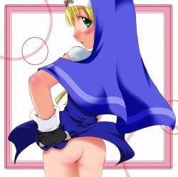1boy arc_system_works artist_request ass blonde_hair blue_dress blush bottomless bow bridget_(guilty_gear) crossdressing crossdressing_(mtf) dress fingerless_gloves from_behind gloves green_eyes guilty_gear habit looking_back male_focus no_panties nun shota solo standing trap rating:Explicit score:43 user:smoky-bandana