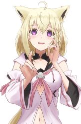  1girl ahoge alternate_costume animal_ear_fluff animal_ears blonde_hair blush commentary_request detached_sleeves fox_ears fox_girl hair_between_eyes heart heart-shaped_pupils highres hololive hood hoodie idol_showdown long_hair looking_at_viewer midriff navel neckerchief open_mouth pink_hoodie pink_neckerchief purple_eyes shirakami_fubuki shirakami_fubuki_(1st_costume) shirata98 sidelocks simple_background solo symbol-shaped_pupils virtual_youtuber white_background 