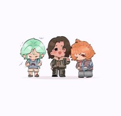  1boy 2girls ;) ;d backpack bag black_eyes blush brown_eyes brown_hair chibi chibi_only coat cove_holden crab_print crying dolpxler full_body fur_collar green_hair grey_tank_top hair_between_eyes hand_on_own_hip highres in-franchise_crossover looking_at_viewer medium_hair multiple_girls one_eye_closed open_mouth orange_hair our_life our_life:_beginnings_and_always our_life:_now_and_forever qiu_lin_(our_life) red_scarf sandals scarf shadow shoes shoulder_bag sidelocks smile standing tamarack_baumann tank_top v white_background white_shoes winter_clothes winter_coat 