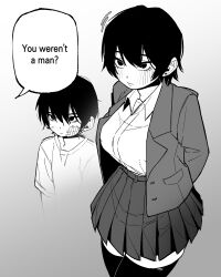  1girl absurdres age_progression blush breasts commentary dguadraw earrings english_commentary english_text gauze gauze_on_cheek greyscale highres jacket jewelry lapels large_breasts monochrome notched_lapels open_clothes open_jacket original pleated_skirt projected_inset school_uniform shirt short_hair skirt smile speech_bubble stud_earrings thighhighs tomboy 