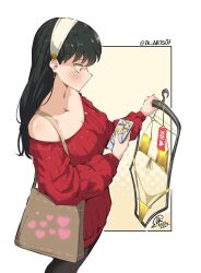  1girl bag bikini black_hair black_pantyhose blush clothes_hanger dated dress earrings front-tie_bikini_top front-tie_top gold_bikini hairband heart jewelry jk_arts long_hair micro_bikini pantyhose phone price_tag red_eyes red_sweater shoulder_bag signature solo spy_x_family string_bikini sweater sweater_dress swimsuit thong_bikini twitter_username unworn_clothes unworn_swimsuit watermark white_hairband yor_briar 