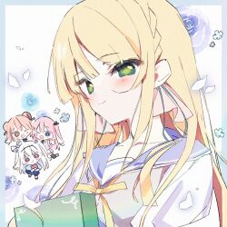  &gt;_o 4girls :t blonde_hair blue_border blush book border braid brown_eyes brown_hair chibi chibi_inset closed_mouth collarbone commentary_request falling_petals flower flower_symbol fushimi_rio green_eyes grey_hair hair_ribbon himukai_kanata holding holding_book kami_no_ue_no_mahou_tsukai long_hair looking_at_viewer multiple_girls one_eye_closed outside_border petals pink_eyes pink_hair pink_ribbon pout purple_eyes purple_flower purple_rose purple_sailor_collar purple_shirt ribbon rose sailor_collar shirt side_braid smile sushimekabu tsukiyashiro_kisaki upper_body white_background yuugyouji_yoruko 