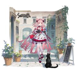  1girl breasts building camera cat cone_hair_bun double_bun dress flower food frilled_dress frills fruit full_body girls&#039;_frontline hair_bun hair_ribbon hairband highres holding holding_camera long_hair martini-henry_(berry-colored_palpitations)_(girls&#039;_frontline) martini-henry_(girls&#039;_frontline) official_alternate_costume official_art open_mouth outdoors pantyhose pink_eyes pink_hair plant potted_plant red_flower red_ribbon red_shoes ribbon shoes sign solo stairs standing starshadowmagician stone_stairs strawberry strawberry_bag white_pantyhose 