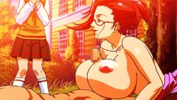  1boy 2girls animated animated_gif audience bouncing_breasts breasts censored earrings erogos glasses hair_up handsfree_paizuri hanging_breasts huge_breasts jewelry kneehighs kusanagi_chisato lipstick love_fetish lowres makeup maki_daikichi mature_female mosaic_censoring multiple_girls nipples outdoors paizuri penis red_hair sai_tamako sasamiya_kaoru school_uniform skirt smile socks sunset teacher teacher_and_student topless_female  rating:Explicit score:205 user:shadowedone
