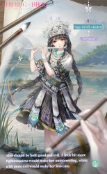  1girl anklet artist_request black_hair black_skirt blue_sky braid bright_pupils character_name commentary copyright_name crown downturned_eyes duckweed earrings english_commentary english_text expressionless flute fringe_trim full_body highres holding holding_flute holding_instrument holding_paintbrush instrument jewelry knees lake logo long_hair low_twin_braids medium_skirt mountainous_horizon music nikki_(series) official_art orange_pupils paintbrush painting_(object) parted_lips playing_flute playing_instrument pov red_eyes rock sage-green_maiden_(shining_nikki) second-party_source shining_nikki shirt short_sleeves skirt sky solo_focus twin_braids very_long_hair white_shirt yueniang 
