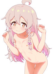  1girl :3 absurdres ahoge alternate_hairstyle blush braid breasts brown_eyes collarbone commentary completely_nude cowboy_shot double-parted_bangs hands_up highres leaning_forward loli long_hair looking_at_viewer navel nipples nude onii-chan_wa_oshimai! oyama_mahiro pink_hair shiina_excel side_braid simple_background single_braid small_breasts smile solo stomach thigh_gap white_background  rating:Questionable score:153 user:danbooru