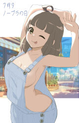  1girl ;q ahoge blue_overalls breasts brown_eyes brown_hair cleavage collarbone highres looking_at_viewer makoto_daikichi medium_breasts naked_overalls no_bra one_eye_closed original overalls short_hair solo tongue tongue_out 