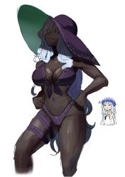  bikini black_skin breasts chibi chibi_inset cleavage colored_eyelashes colored_skin cropped_legs elden_ring elden_ring_nightreign foxxarius hands_on_own_hips hat highres mole mole_on_breast purple_bikini recluse_(elden_ring) revenant_(elden_ring) smug solo_focus sun_hat swimsuit thigh_strap white_background white_eyelashes white_hair 