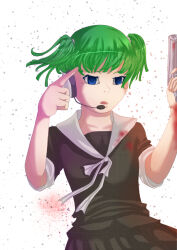 black_shirt black_skirt blood blue_eyes collar deviantart dilaih green_hair gun hair_tie headpiece holding holding_gun holding_weapon mai_(seihou) seihou shirt short_twintails shuusou_gyoku skirt twintails weapon white_collar 