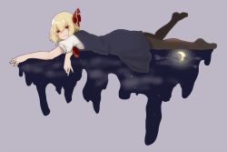  1girl ascot blonde_hair collared_shirt colored_eyelashes darkness female_focus grey_background hair_ribbon hiedanotsukai highres looking_at_viewer lying moon night night_sky no_shoes on_stomach pantyhose red_eyes ribbon rumia shirt short_hair skirt skirt_set sky smile solo splatter touhou vest 
