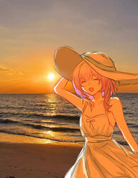  1girl alternate_costume beach breasts cleavage cyrene_(honkai:_star_rail) dress hat highres honkai:_star_rail honkai_(series) liemengzhihuo medium_hair multicolored_hair ocean open_mouth outdoors photo_background pink_hair sand small_breasts smile solo sun_hat sundress sunset two-tone_hair white_dress white_hair 