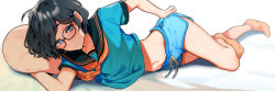 1boy black-framed_eyewear black_hair blue_eyes dolphin_shorts glasses highres indie_virtual_youtuber kushizaki_(vtuber) lying male_focus medium_hair midriff navel on_side school_uniform serafuku short_shorts shorts solo st_(youx1119) trap virtual_youtuber rating:Sensitive score:87 user:danbooru