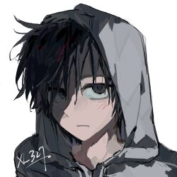  1boy averting_eyes bags_under_eyes black_eyes black_hair cry_of_fear exhausted grey_hoodie hood hood_up hoodie light_frown male_focus partially_shaded_face portrait short_hair simon_henriksson simple_background solo white_background xinlv327 