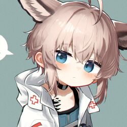  1girl ahoge animal_ears arknights blue_eyes blush delfino fox_ears fox_girl highres looking_at_viewer material_growth oripathy_lesion_(arknights) simple_background solo sussurro_(arknights) 