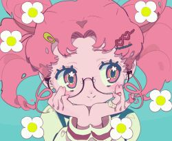  1girl animated animated_gif bandaid bespectacled bishoujo_senshi_sailor_moon chibi_usa commentary cone_hair_bun double_bun earrings glasses hair_bun hair_ornament hairclip head_rest jewelry looping_animation one_eye_closed pink_eyes pink_hair portrait semi-rimless_eyewear solo symbol-only_commentary twintails under-rim_eyewear vivinos 
