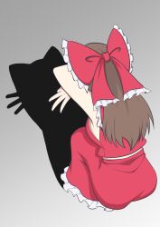 1girl absurdres ass bow breasts brown_hair cat_shadow_puppet_(meme) chinese_commentary commentary_request frilled_bow frilled_skirt frills hair_bow hakurei_reimu highres long_hair meme mixed-language_commentary piaoluo_de_ying_huaban red_bow red_skirt shadow skirt skirt_set solo squatting touhou 