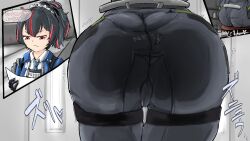  1boy 1girl artist_request ass ass_focus ass_press black_hair from_behind gloves huge_ass long_hair mini_person miniboy multicolored_hair pants police police_uniform policewoman ponytail red_eyes red_hair sitting solo_focus tight_clothes tight_pants two-tone_hair zenless_zone_zero zhu_yuan  rating:Sensitive score:21 user:armorcrystal