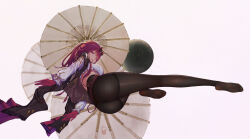  1girl absurdres ass black_jacket black_pantyhose closed_mouth eyewear_on_head feet full_body gloves hair_between_eyes highres honkai:_star_rail honkai_(series) jacket kafka_(honkai:_star_rail) lipstick long_hair long_sleeves looking_at_viewer makeup mumuy pantyhose purple_gloves red_lips sidelocks simple_background solo sunglasses toes umbrella white_background 
