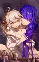  1boy 1girl absurdres ahoge alternate_costume antenna_hair bite_mark blue_pupils blunt_bangs bruise chinese_commentary closed_mouth collarbone couple dark_room friends frilled_sleeves frills genshin_impact hair_between_eyes hair_intakes hair_tie_in_mouth hand_in_another&#039;s_hair head_tilt height_difference hetero hickey highres hug hug_from_behind huge_ahoge indoors injury kaedehara_kazuha leaning_forward leaning_on_person leaning_to_the_side light_smile long_hair long_sleeves looking_at_mirror looking_at_viewer makeup messy_hair mirror mole mole_under_eye mouth_hold multicolored_eyes multicolored_hair no_pants off_shoulder parted_lips pink_lips purple_eyes purple_hair purple_ribbon raiden_shogun red_eyes ribbon shade shirt sitting standing streaked_hair thighs upper_body wavy_hair white_hair white_shirt yinkooo 