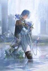  1boy absurdres black_boots black_capelet black_gloves blue_eyes blue_flower blue_gemstone blue_hair blue_ribbon bodysuit boots capelet commentary edmond_(nu_carnival) epaulettes feet_out_of_frame fern flower gem gloves gtcpst hair_between_eyes hair_down half_gloves hand_on_own_chest highres holding holding_flower iris_(flower) long_hair long_sleeves looking_at_viewer male_focus nu_carnival pillar plant planted planted_sword planted_weapon ribbon rubble ruins sash shoulder_sash sideways_glance solo standing sword symbol-only_commentary thigh_boots torn_capelet torn_clothes wading water weapon white_bodysuit white_flower wooden_horse 