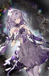  1girl absurdres asymmetrical_clothes bare_shoulders black_tiara breasts castorice_(honkai:_star_rail) closed_mouth commentary dress elbow_gloves flower gloves hair_flower hair_ornament highres honkai:_star_rail honkai_(series) linkai long_hair pants pink_flower purple_dress purple_eyes purple_flower purple_gloves purple_hair purple_ribbon ribbon single_elbow_glove single_pantsleg smile solo standing tiara white_pants white_ribbon 