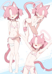  1girl :3 absurdres animal_ear_fluff animal_ears armpits arms_behind_back arms_up bare_arms bare_legs bare_shoulders barefoot bikini blue_archive blush bow bow_choker cat_ears cat_girl cat_tail chinese_commentary chlorella_observation_club_member_(blue_archive) chlorella_observation_club_member_(swimsuit)_(blue_archive) choker commentary_request dodo24850918 dot_nose extra_ears faceless faceless_female fang feet flat_chest hair_bobbles hair_ornament halo highres leaning_forward loli multicolored_bikini multiple_views navel no_eyes official_alternate_costume open_mouth pink_bikini pink_hair pink_halo pouch short_hair side-tie_bikini_bottom sketch smile striped_bikini striped_clothes swimsuit tail thigh_pouch two-tone_bikini variant_set white_choker 