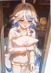  1girl absurdres blue_eyes blue_hair blush collarbone colored_inner_hair cowlick dasha doorway drop-shaped_pupils furina_(genshin_impact) genshin_impact heterochromia highres holding holding_pillow light_particles long_hair looking_down multicolored_hair pillow plant potted_plant pov pov_doorway shirt shorts solo streaked_hair symbol-shaped_pupils white_hair white_shirt white_shorts  rating:General score:5 user:danbooru