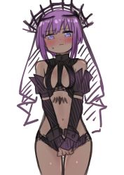  1girl bare_shoulders bikini black_bikini black_gloves black_sleeves blush breasts closed_mouth dark-skinned_female dark_skin detached_sleeves fate/prototype fate/prototype:_fragments_of_blue_and_silver fate_(series) gloves hassan_of_serenity_(fate) highres i.u.y long_sleeves looking_at_viewer medium_breasts purple_eyes purple_hair simple_background sketch solo sweat swimsuit thigh_gap veil wavy_mouth white_background  rating:Sensitive score:11 user:danbooru