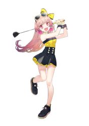  1girl :d atelier_(series) atelier_lydie_&amp;_suelle bare_shoulders black_shoes black_skirt commentary_request earrings eyewear_on_head full_body hands_up jewelry long_hair looking_at_viewer minna_no_golf noco_(adamas) official_alternate_costume official_art open_mouth pink_eyes pink_hair second-party_source shirt shoes simple_background skirt smile solo standing standing_on_one_leg suelle_malen sunglasses swinging white_background yellow_shirt 