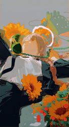  1girl black_coat black_necktie black_pants blunt_bangs braid braided_ponytail chainsaw_man coat collared_shirt corded_phone demon_girl flower formal_clothes from_below halo holding holding_phone long_coat long_hair long_sidelocks looking_at_viewer lying makima_(chainsaw_man) necktie on_back pale_skin pants parted_lips phone redum4 ringed_eyes shirt shirt_tucked_in sidelocks single_braid solo sunflower teeth white_halo white_shirt yellow_eyes 