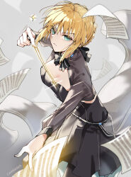  1girl artoria_pendragon_(fate) black_dress blonde_hair braid braided_bun carimarica conductor_baton dress fate/grand_order fate/stay_night fate_(series) floating_paper green_eyes hair_between_eyes hair_bun highres holding_baton long_sleeves looking_at_viewer saber_(fate) sheet_music solo 