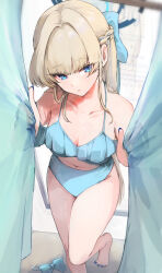  1girl absurdres alternate_costume aqua_bow aqua_bowtie bikini blonde_hair blue_archive blue_bikini blue_hair blue_halo bow bowtie braid breasts commentary_request curtain_grab curtains frilled_bikini frills hair_bow half_up_braid halo highres koyuuuuuuuuuuu long_hair looking_at_viewer medium_breasts nail_polish standing standing_on_one_leg swimsuit thighs toki_(blue_archive) 