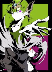  2boys aqua_gemstone black_border black_shirt border commentary_request dasaku1028 demon_boy dragon_quest dragon_quest_iv earrings fins floating_hair forehead_protector frown gem gloves green_background green_hair green_tunic grey_gloves grey_hair head_fins headband hero_(dq4) highres jewelry long_hair looking_at_viewer looking_to_the_side male_focus medium_hair multiple_boys open_clothes open_shirt parted_bangs pisaro pointy_ears purple_background purple_eyes purple_headband reaching reaching_towards_viewer red_eyes shirt tunic upper_body white_shirt 
