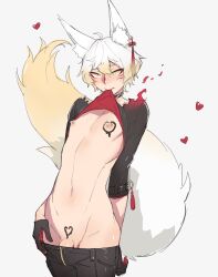  1boy animal_ears anwianwi black_pants black_shirt blonde_hair clothes_lift clothes_pull earrings fox_boy fox_ears fox_tail gloves gradient_hair groin hair_between_eyes heart highres indie_virtual_youtuber jewelry looking_at_viewer male_focus mokotoko9 mouth_hold multicolored_hair navel nipple_piercing nipples pants pants_pull penis penis_peek piercing shirt shirt_lift tail undressing virtual_youtuber wax white_hair yellow_eyes 